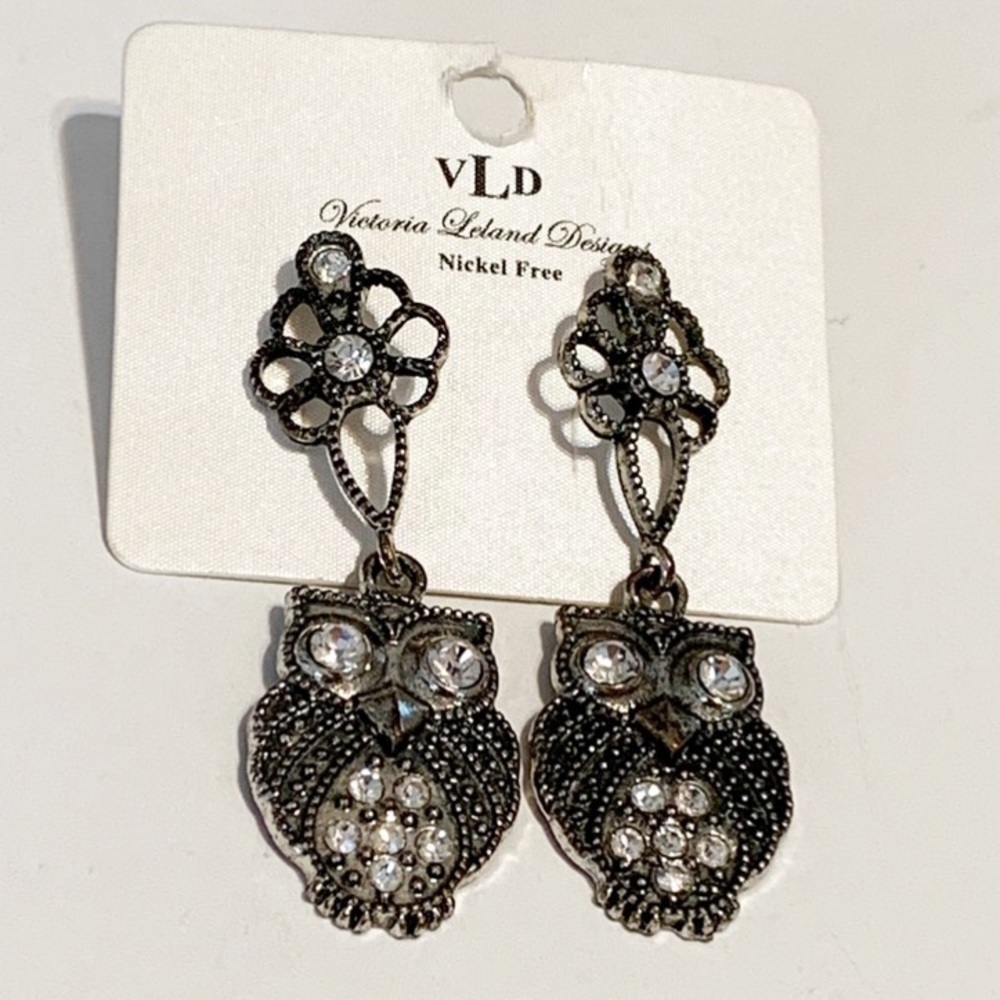 Victoria Leland Designs Metal Rhinestone Owl Drop Earrings Novelty Accessory